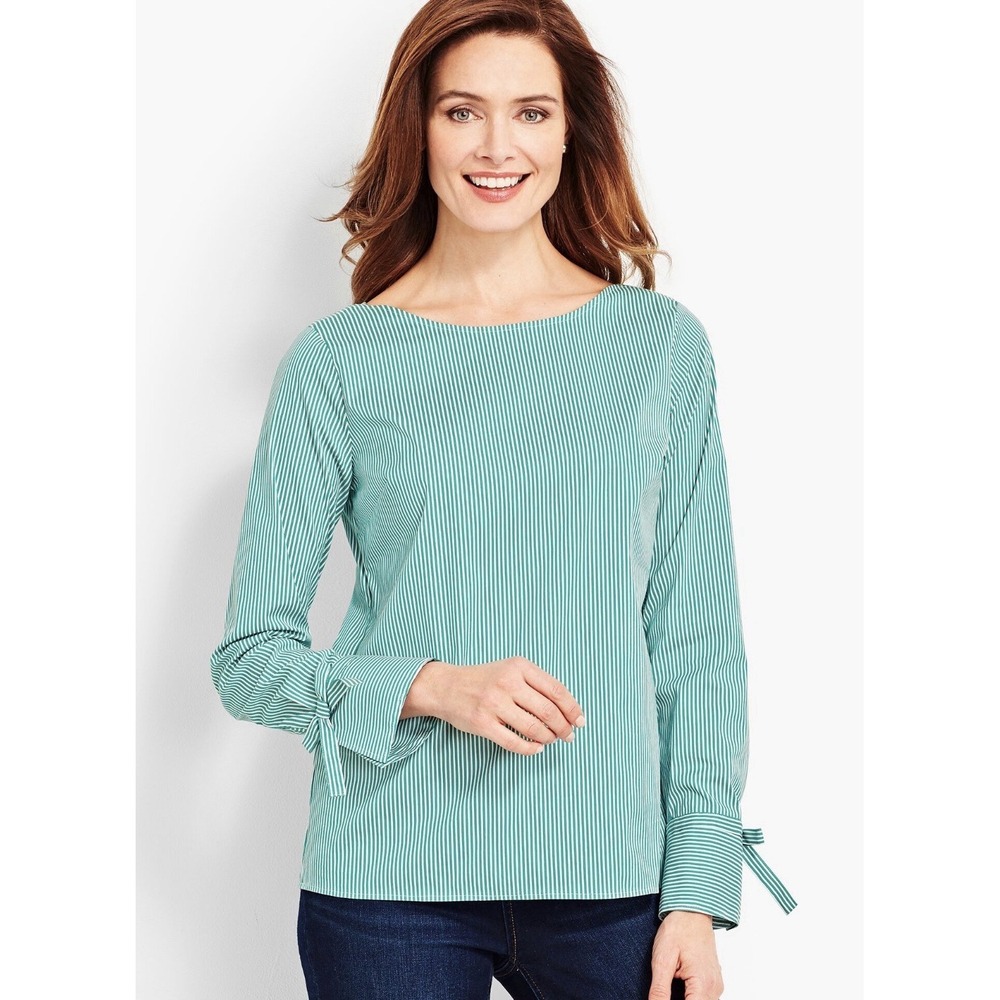 Talbots Women's Green Striped Bow Tie-Sleeve Popover Button Back Size Large